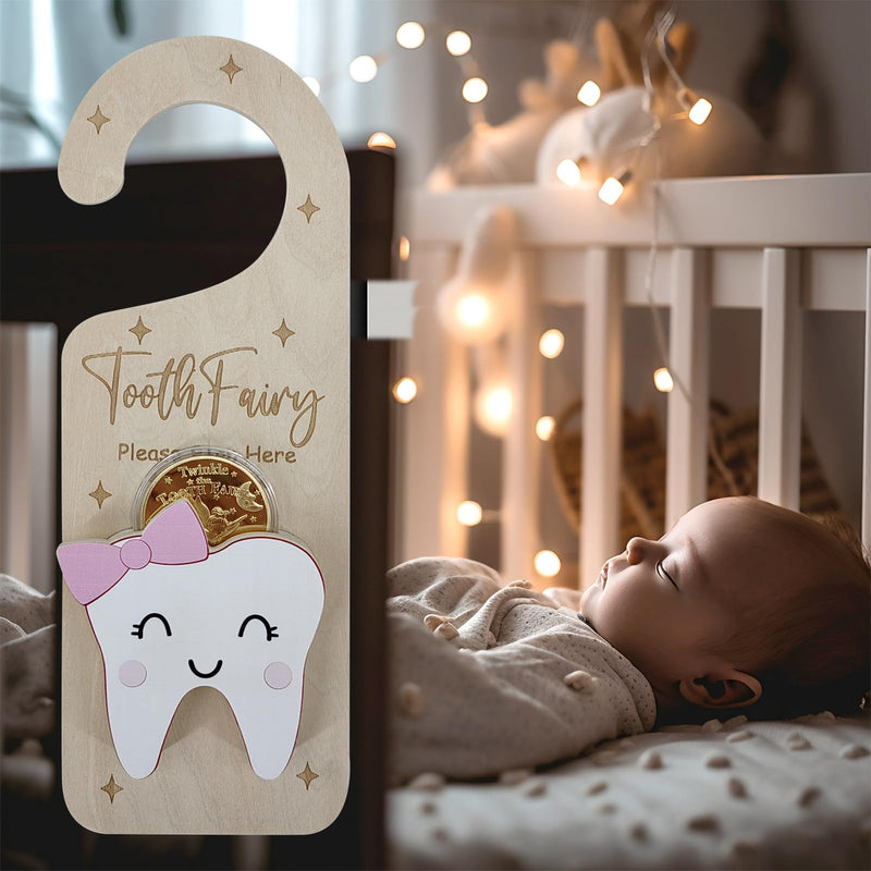 [Australia] - Tooth Fairy Door Hanger, Wooden Tooth Fairy Holder with Tooth Coins for Lost Tooth Kids Gifts - Pink 