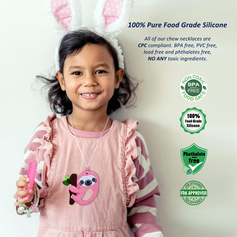 [Australia] - Chew Necklaces for Sensory Kids, Silicone Chewy Necklace Sensory Stim Toy for Girls Boys, 6 Pack Sensory Chew Toys for Kids Teens Adults with Autism Anxiety ADHD SPD or Other Sensory Needs - Pink Pink Sloth 