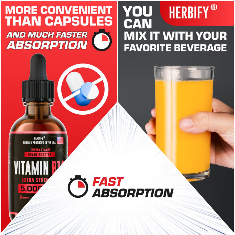 HERBIFY Vitamin B12 Methylated Multivitamin Energy Supplements for Women & Men - Liquid B12 Vitamins 5000 Mcg Methylcobalamin - Energy Support and Immune Health Liquid Vitamin - 30 Days Supply - 2 Oz