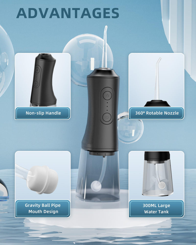 [Australia] - Water Flosser, Water Dental Flosser Pick for Teeth, 300ML IPX7 Waterproof Oral Irrigator, 3 Modes 4 Replaceable Jet Tips, Professional Flossing Cleaning Picks for Home Travel Gums, Braces Care (Black) Black 
