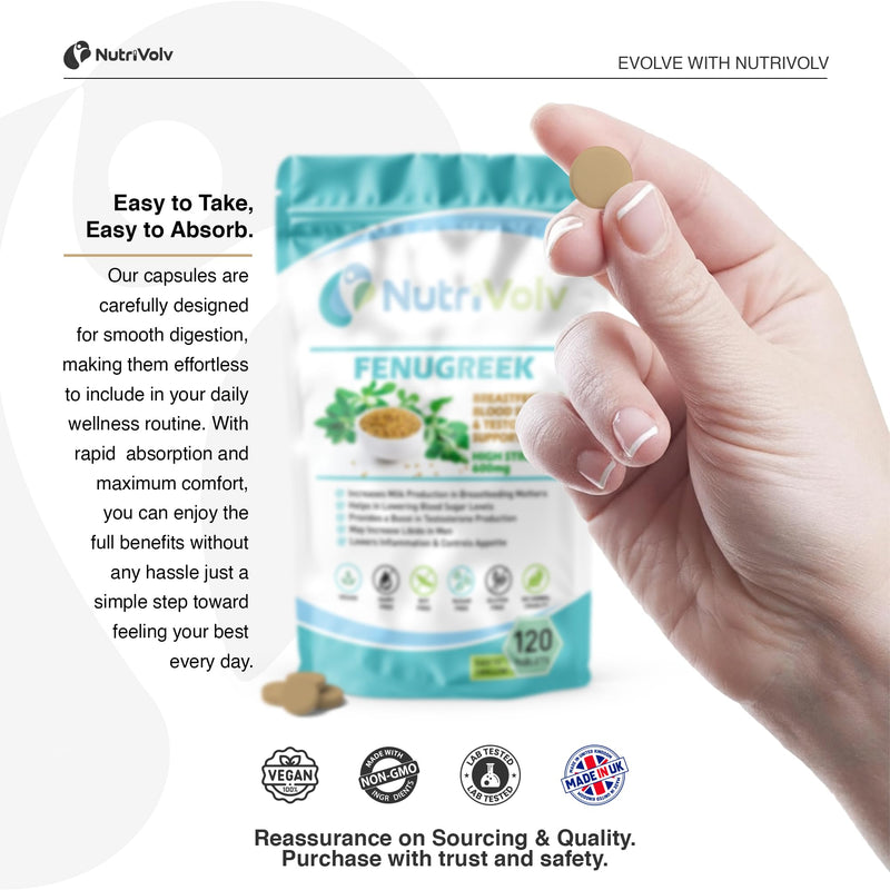 Fenugreek Supplement Tablet— High Strength Vegan 600mg Nutrition Pills for Testosterone Strength, Lactation Support & Blood Sugar Level Control — Easy to Swallow Pack of 360 Tablets 120 count (Pack of 3)