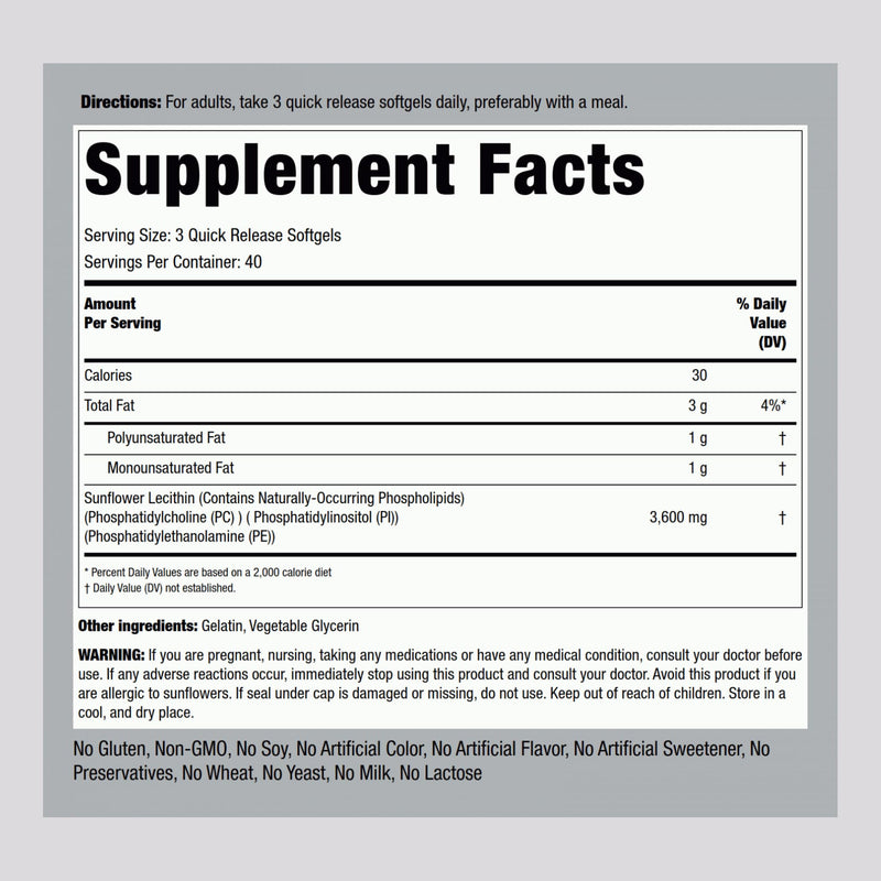 [Australia] - Piping Rock Sunflower Lecithin Softgel Capsules | 120 Count | Rich in Phosphatidylcholine | Soy Free, Non-GMO, Gluten Free 120 Count (Pack of 1) 
