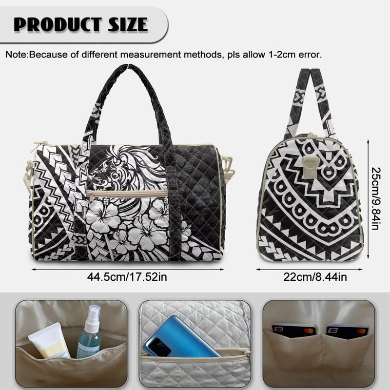 Quilted Travel Duffel Bag Lightweight Weekender Overnight Bag with Zipper Pockets Polynesian Hibiscus Flower Black Print Carry On Luggage Bags for Women Men Gym Bags