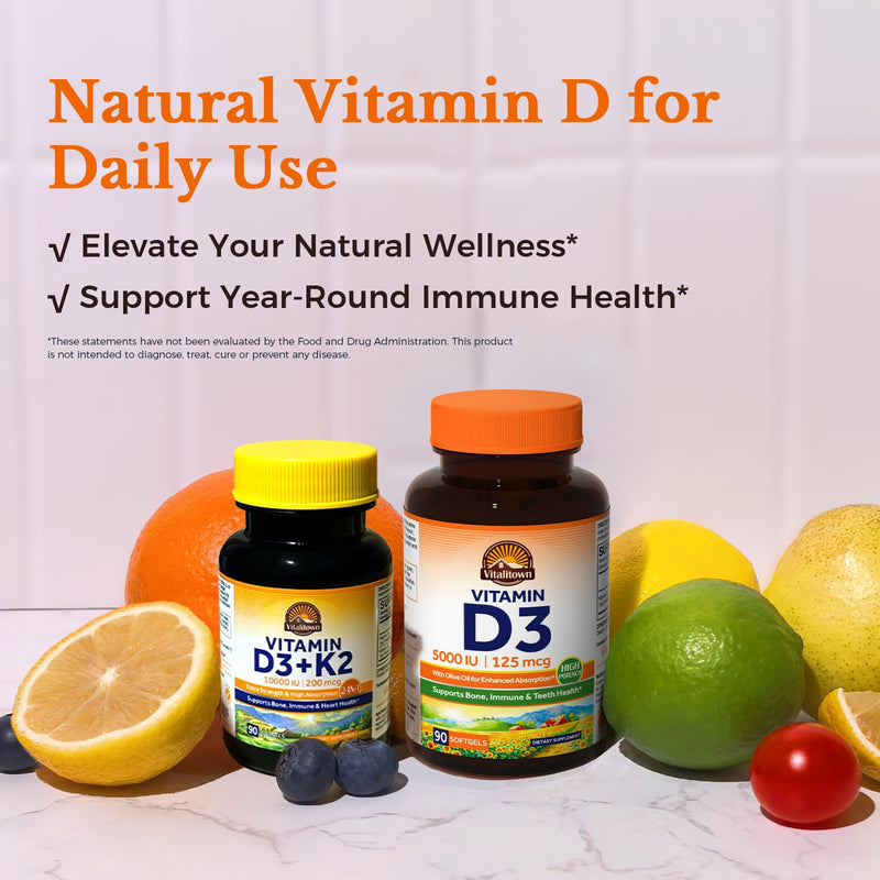 Vitalitown Vitamin D3 125 mcg (5000 IU) High Potency for Bone, Teeth, Heart and Immune Health Support, Olive Oil Based, Non-GMO and No Gluten, 90 Softgels