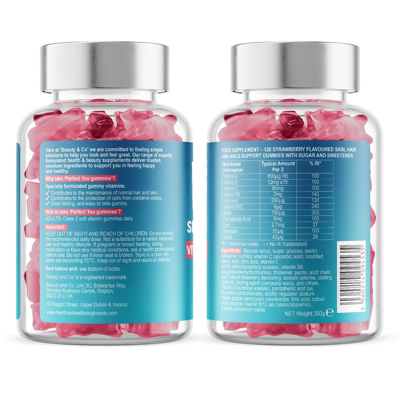 Perfect You Skin, Hair and Nails Gummies - with Biotin, Zinc & Selenium - Strawberry Flavoured Gummies (120 Count) 120 count (Pack of 1)