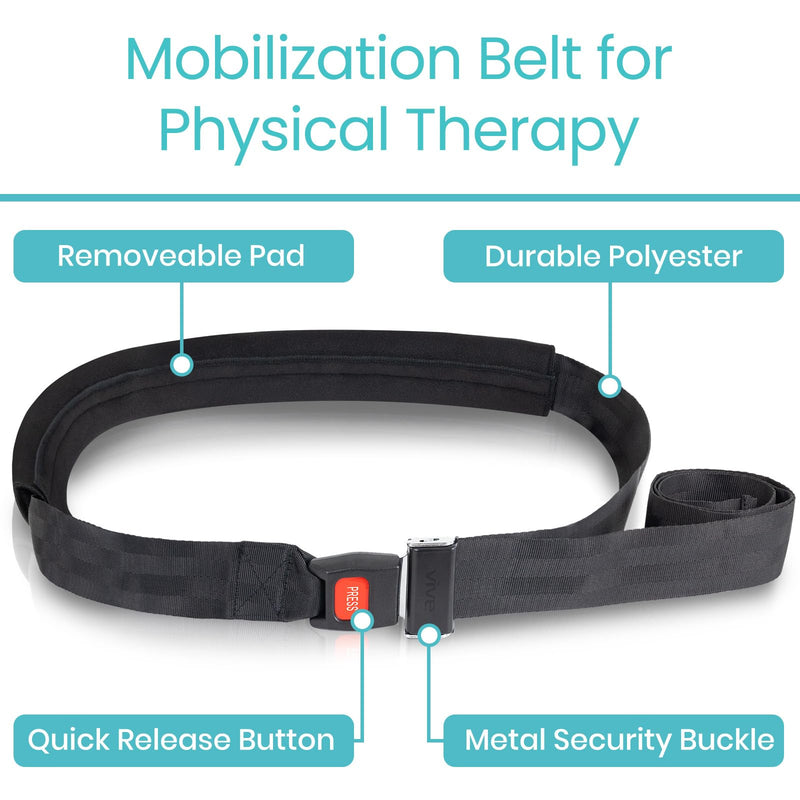 Vive Mobilization Belt for Physical Therapy with Buckle - Manual Traction Stretching Band - PT Traction Strap Belt for Stretching, Mobility, Massages & Exercise (Black) Black
