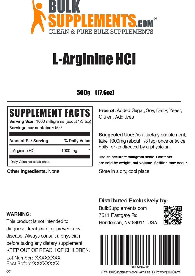 BulkSupplements.com L-Arginine HCl Powder - L-Arginine 1000mg, Arginine Supplement - Nitric Oxide Supplement, Nitric Oxide Powder - Pure & Gluten Free, 1000mg per Serving, 500g (1.1 lbs) 1.1 Pound (Pack of 1)