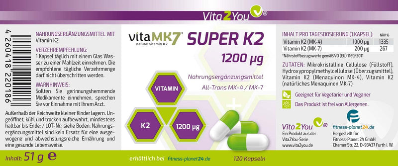 [Australia] - Vita2You Super K2-1200µg Vitamin K2 - Original vitaMK7® - (Natural MK-7) with MK-4 >99% All Trans - 120 capsules - High dosage - Premium quality 