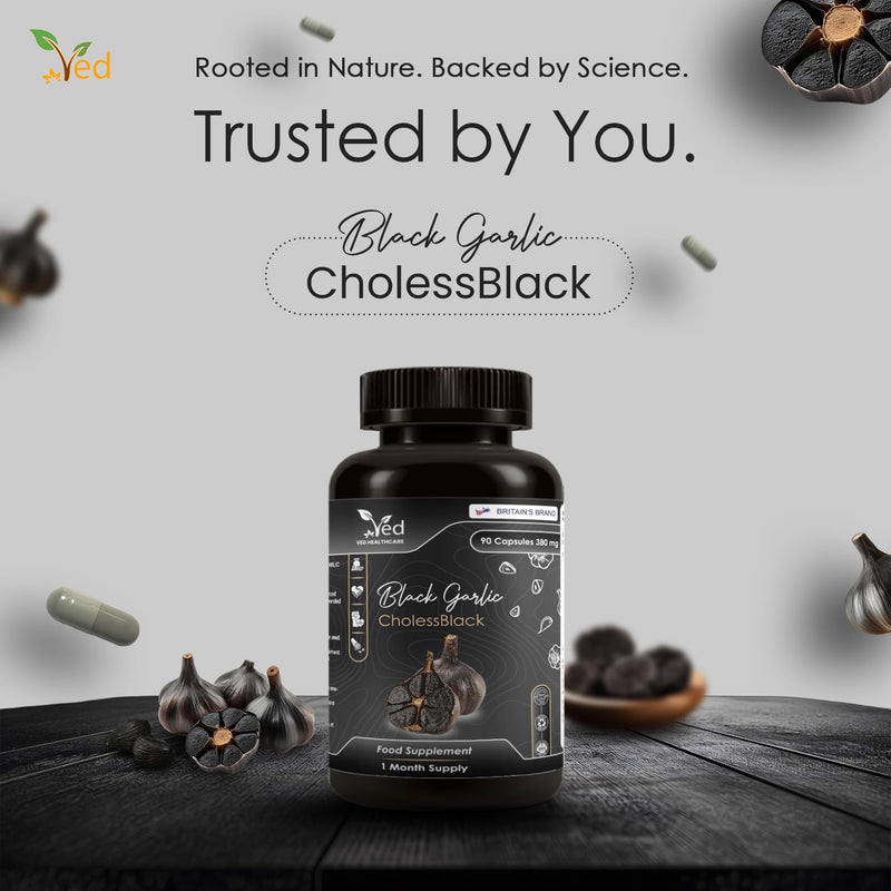 VED CholessBlack, 90 Capsules, Fermented & Odorless Black Garlic Supplement with White & Red Hawthorn, Wild & Lemon Balm Leaf, Non-GMO, Halal, 3 Capsules per Day