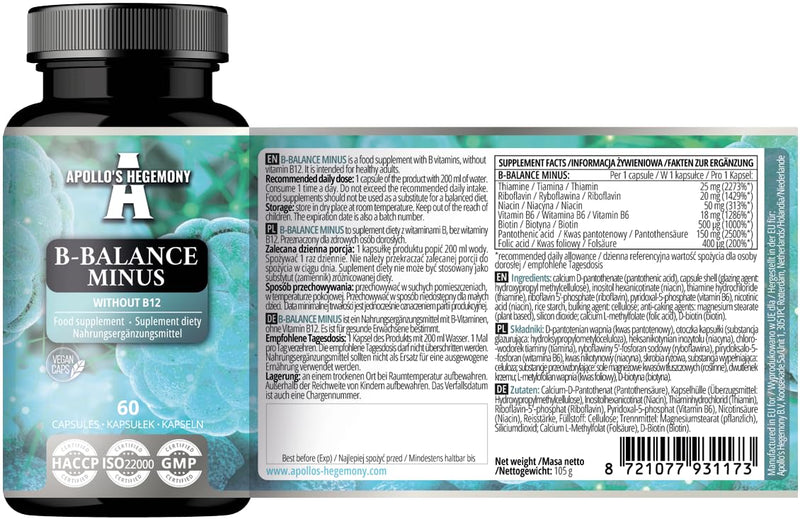B-Balance Minus - 60 Vegan Capsules - Excluding B12 for Customized Health Strategies - Comprehensive B-Complex for Metabolism & Nervous System Support - by Apollo's Hegemony
