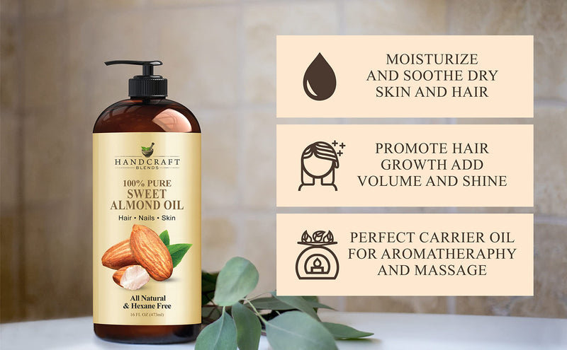 [Australia] - Handcraft Blends Sweet Almond Oil - 16 Fl Oz - 100% Pure and Natural - Premium Grade Oil for Skin and Hair - Carrier Oil - Hair and Body Oil - Massage Oil - Hexane-Free Sweet Almond 16 Fl Oz (Pack of 1) 