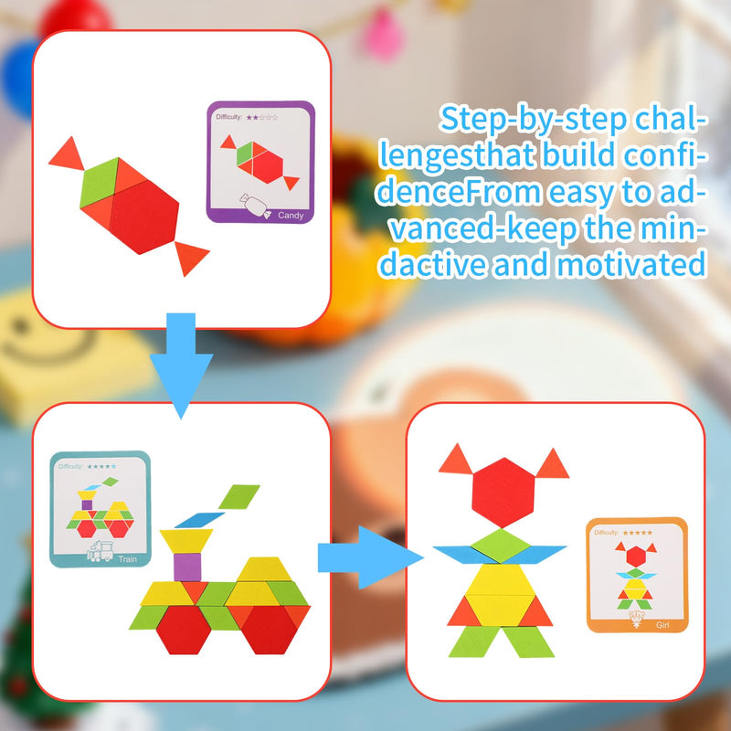 Memory Activities for Seniors & Kids, Wooden Tiles Pattern Blocks Matching Puzzle Game for Elderly Adults, Tangram Puzzles Cognitive Products Visual Stimulation Gift
