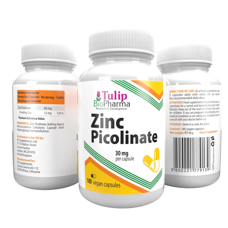 Tulip BioPharma Zinc Picolinate 30mg | 180 Vegan Capsules | 3-Month Supply | Chelated, Highly Bioavailable, No Unnecessary Additives | 3rd Party Lab Tested