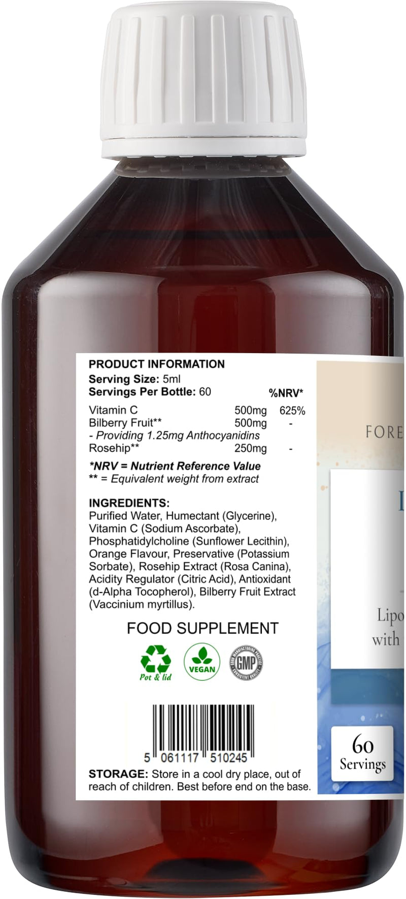 Liposomal Vitamin C Complex Liquid - High Strength 500mg - Superior Absorption & bioavailability - Support Immune System, Bones, Cartilage & Much More, Forever & Always Supplements