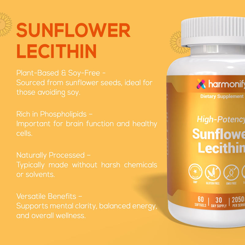 Sunflower Lecithin Wellness Supplement, 2050 mg High-Potency, Lab Tested Non-GMO, Gluten-Free, Soy-Free 60 Softgels, Proudly USA Company