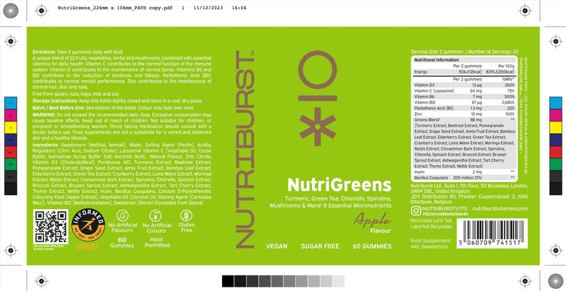 Nutriburst - NutriGreens - 22 Fruits + Vegetables + Herbs + Mushrooms + Live Bacteria Cultures - Boosted with Vitamins: Zinc, VIT C, D3, B5, B6, B12-60 Gummies 1 Month Supply - Suitable for Vegans Greens + Probiotics 60 count (Pack of 1)