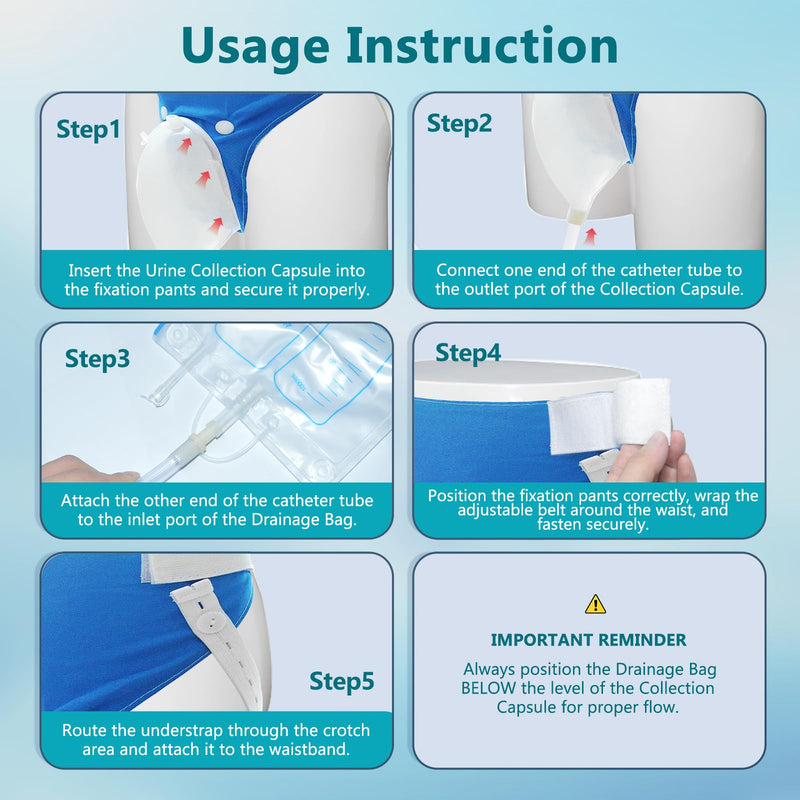 [Australia] - Wearable Urine Collector with Reusable Silicone Unit with Breathable Fixative Pant with Two Urinary Drainage Bags 2000ml 1000ml and 1.2m Catheter Soft Edge Spill Resistant, Elderly Men Blue Elderly Male Blue 