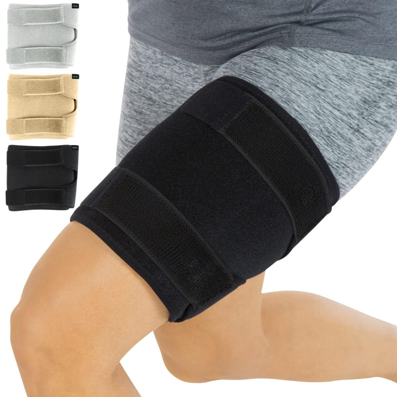 [Australia] - Vive Thigh Brace - Hamstring Quad Wrap - Adjustable Compression Sleeve Support for Pulled Groin Muscle, Sprains, Quadricep, Tendinitis, Workouts, Sciatica Pain and Sports Recovery - Men, Women (Black) Black 1 