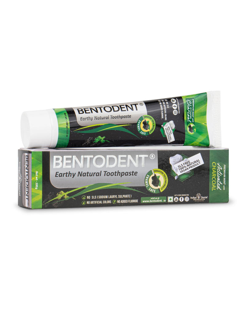 BENTODENT Teeth Whitening Bentonite Clay & Activated Organic Charcoal Toothpaste & Scraper - Detox,Tea Tree, Fluoride Free Adult, Vegan, Travel 3.52 oz