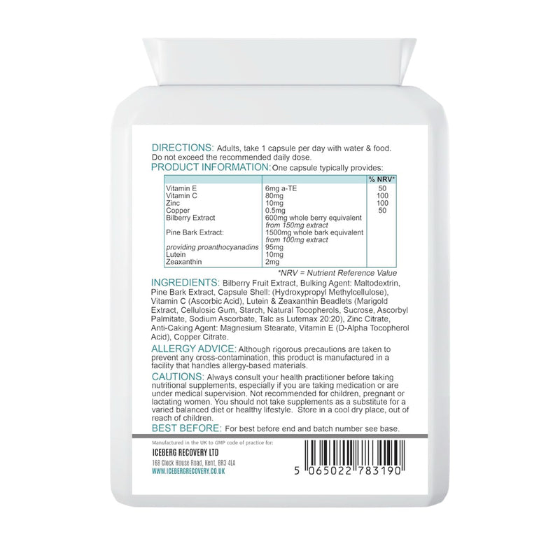 Eye Support Complex 60 Capsules with Lutein 10mg, Zeaxanthin 2mg, Bilberry & Pine Bark Extract, Vitamins E &C, Zinc for Normal Vision, Vegan Eye Health Supplement, Made in UK