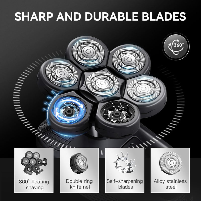 [Australia] - 7D Head Shavers for Bald Men - 5 in 1 Bald Head Shavers for Men, Body Shaver for Mens with Nose Hair & Beard Trimmer IPX6 Waterproof Wet Dry LED Display with Travel Case Cordless Head Razor (Black) Black-1 