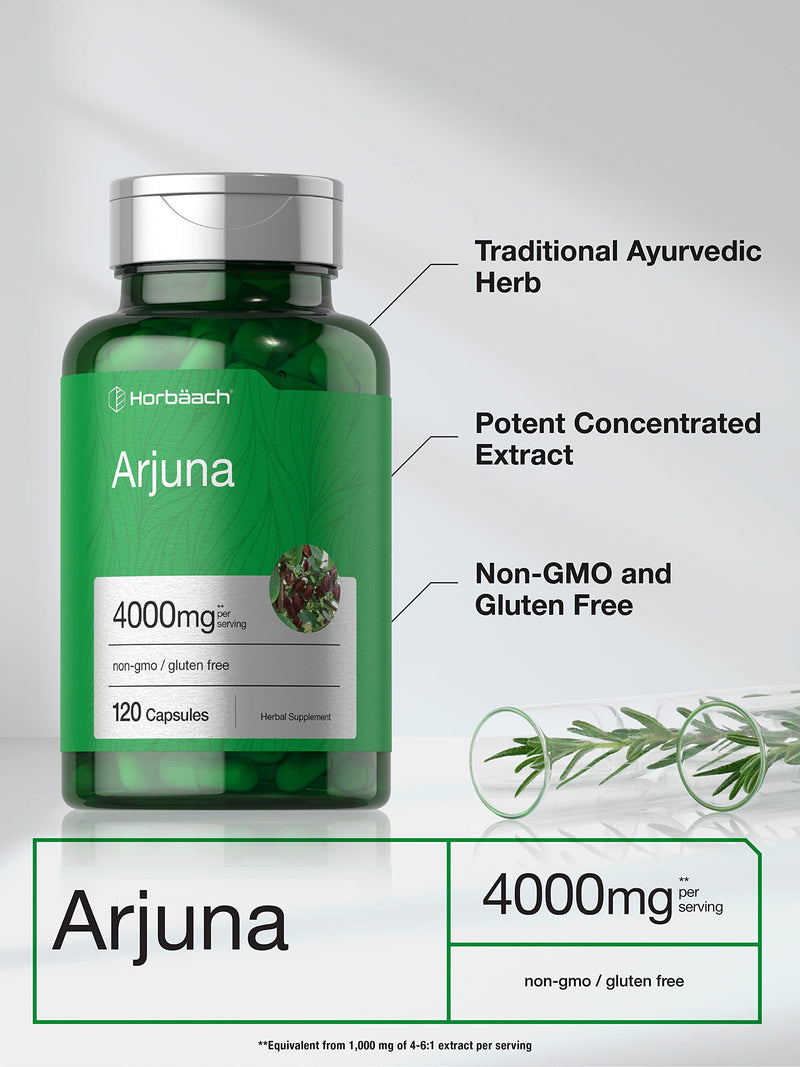 Horbaach Arjuna Capsules 4000mg | 120 Count | Non-GMO, Gluten Free | from Arjuna Bark Herb Extract