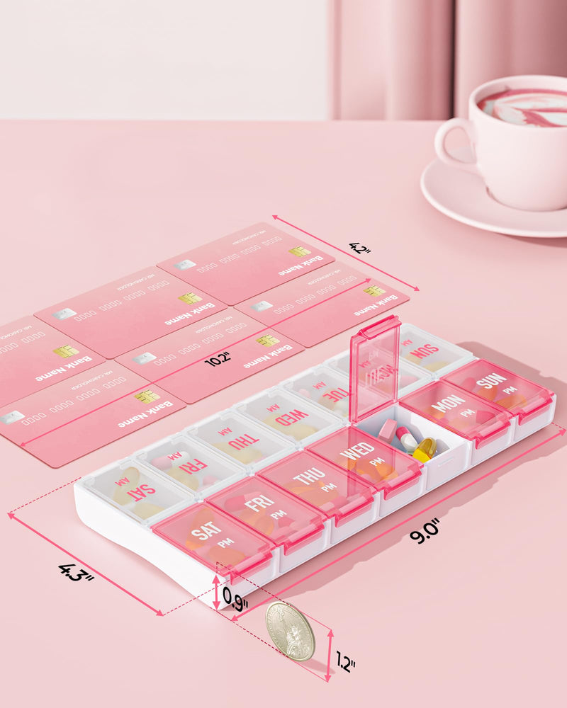 AMOOS Weekly Pill Organizer 2 Times a Day, Large Compartments, BPA-Free | AM PM Pill Box 7 Day in Pink & White, Pill Case Easy to Use, Pill Container for Vitamins, Fish Oils, Supplements, Medicines 01-pink