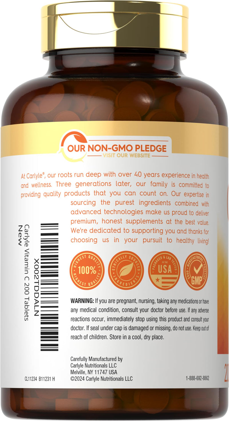 Carlyle Vitamin C 500mg | with Rose Hips | 200 Tablets | High Potency Formula | Vegetarian, Non-GMO, Gluten Free Supplement