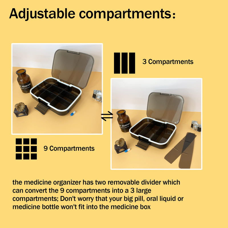 Large Pill Organizer, 7.7x5.7 Travel Vitamin Box Lightproof 9 Compartments Portable Pill Cases Supplements Dispenser Moisture Proof Pill Holder Medicine Container
