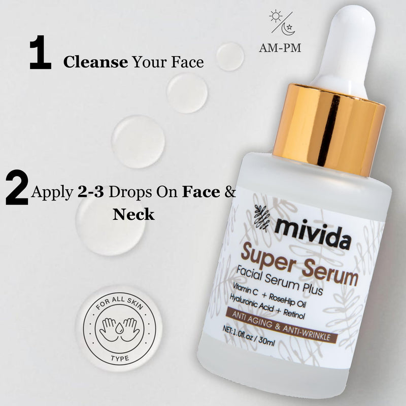mivida 4-in-1 Anti-Aging Serum for face | Retinol, Vitamin C, Hyaluronic Acid & RoseHip Oil | multi benefit Face Serum – 1 Fl Oz