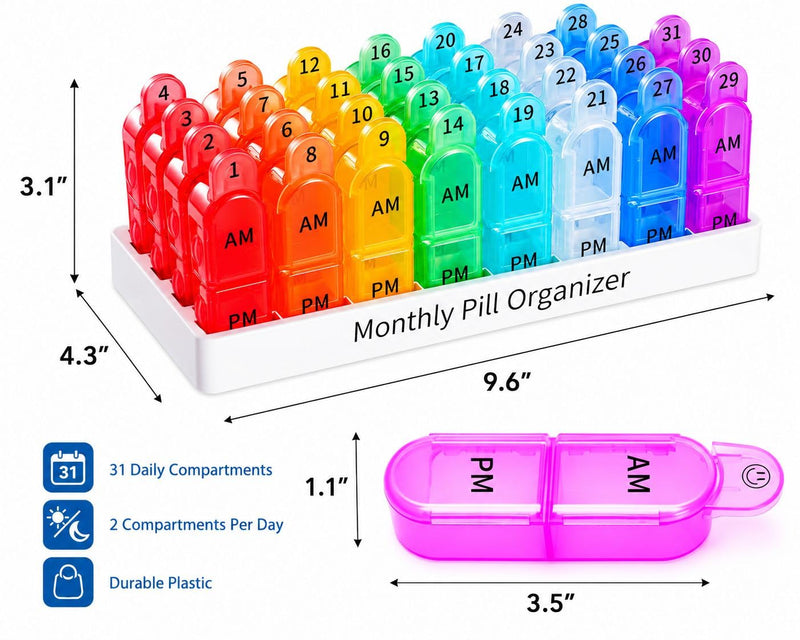 Monthly Pill Organizer Monthly 31 Day AM PM – Pill Sorter Monthly with Large Compartments, 2 Times Pill Container,Monthly Pill Holder for Vitamins, Supplements & Daily Medication