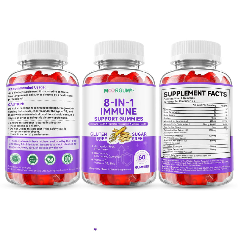 Immune Support Gummies – 8-in-1 Formula Herbal Supplements with Astragalus, Elderberry, Quercetin, Bromelain, Echinacea, Vitamin C, D3 and Zinc for Everyday Balance, Raspberry Flavor, 60 Count 60 Count (Pack of 1)