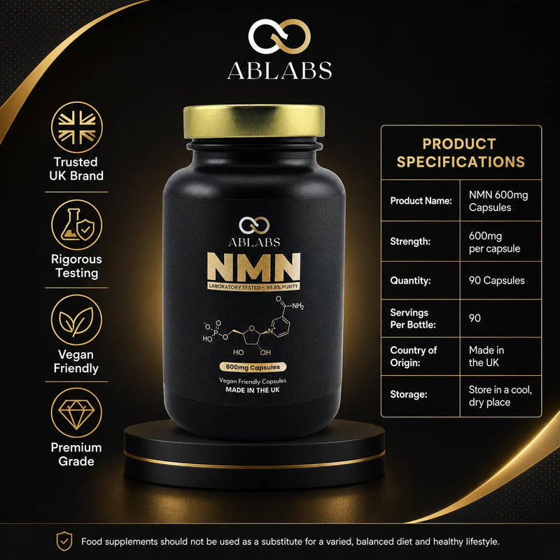 NAD+ Supplement • 90 x 600mg Highest Strength Capsule • ABLABS • Max Absorption • Vegan Friendly