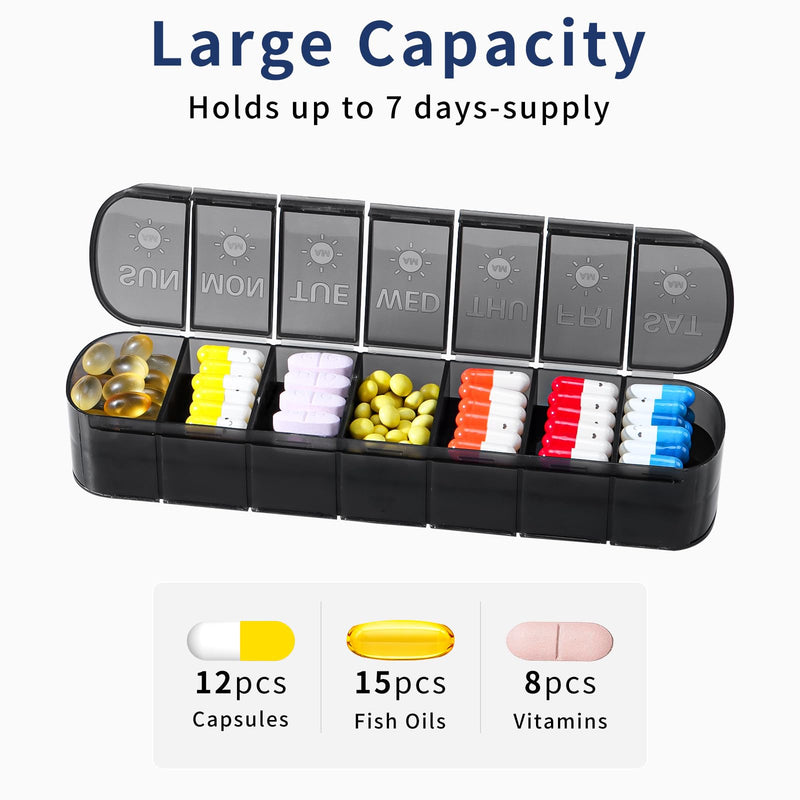 XL Weekly Pill Organizer AM PM Large Container Portable for Supplements | Day and Night,Black 7 Day Pill Case 2 Times a Day,Vitamin Holder Organizer,Travel Daily Pill Box for Fish Oil &Gummies Black