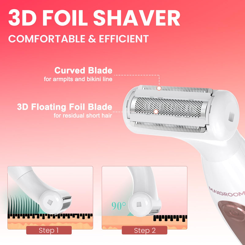 Bikini Trimmer for Women, 4-in-1 Waterproof Lady's Electric Razor Shaver and Facial Hair Removal, Cordless Rechargeable Body Hair Trimmer Grooming Sets for Leg, Armpit, Face, Eyebrow (White)