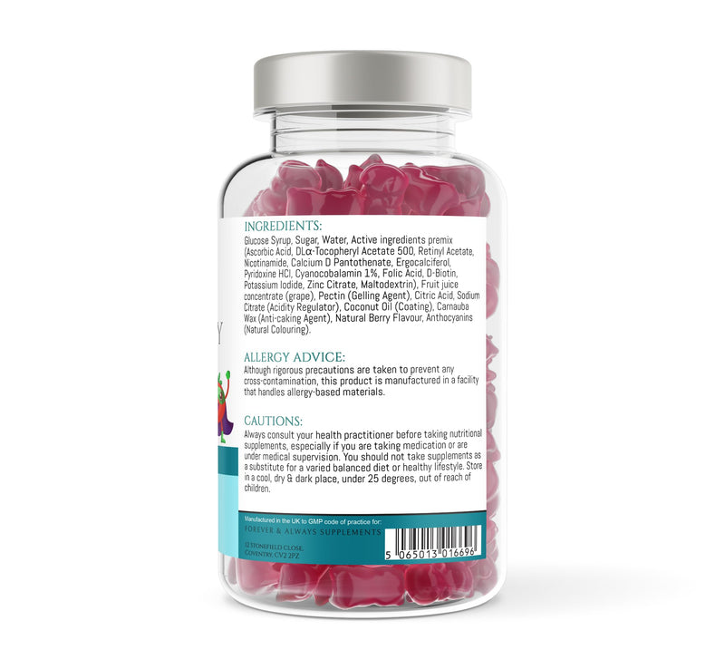 Multivitamin Gummy for Kids - 60 Natural Berry Flavoured Vitamins & Mineral Gummies for Children - Free from Artificial sweeteners - Vitamins D, C, A, B, & E chewable Supplements 3 Years +