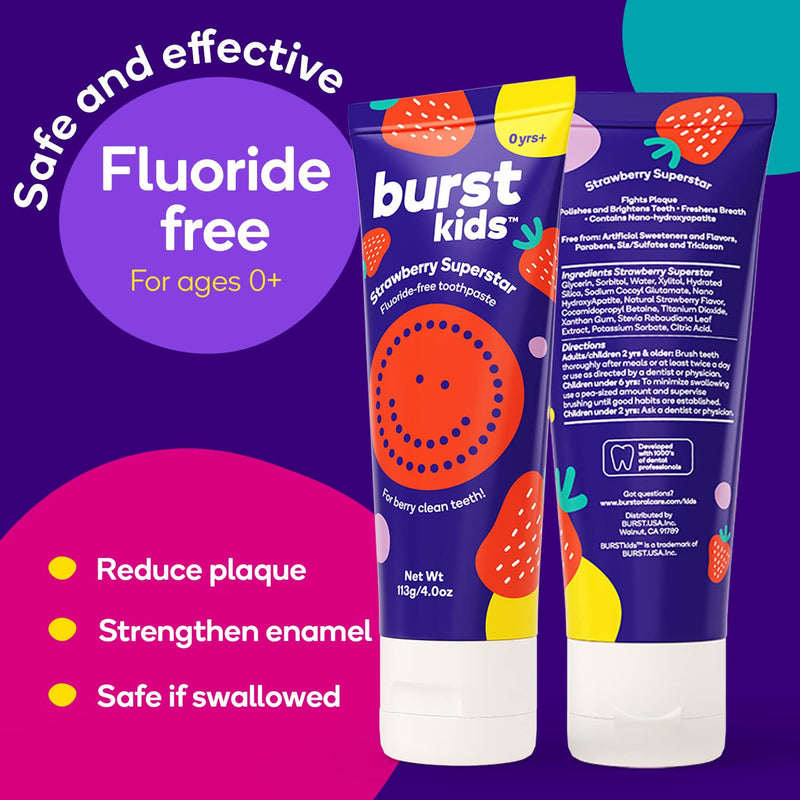 [Australia] - BURST Fluoride Free Strawberry Kids Toothpaste (4oz/2 Pack) | Great Tasting, Dye Free for Baby & Toddler Age 0+ | with Nano Hydroxyapatite Strawberry Fluoride-Free 2 Pack 