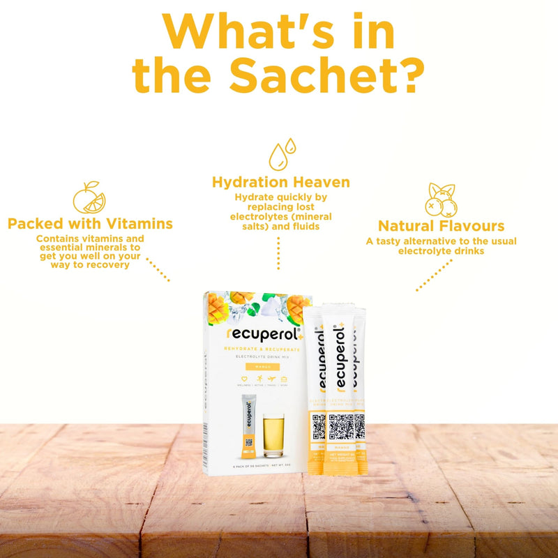 Recuperol Electrolytes Sachets - Rehydration Electrolytes Powder with Zinc, Vitamin C, B12, D3 & Potassium for Hydration - Sugar Free, Vegan & Low Calorie - Mango 20 Pack