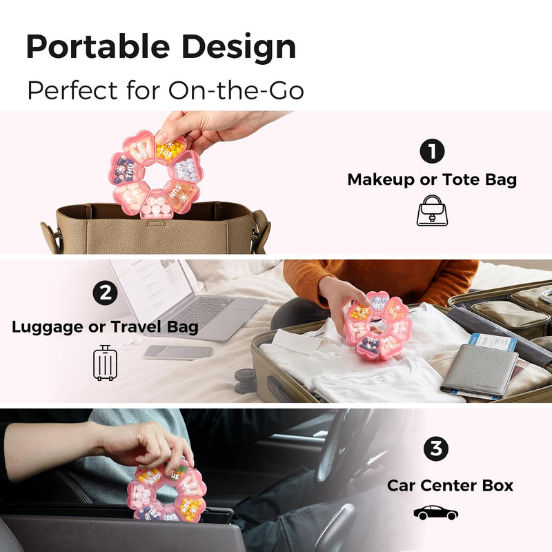 LANDNEOO Weekly Pill Organizer 2 Times a Day, Cute Double-Sided AM PM Pill Case 7 Day, Pink Travel Pill Box for Medication, Vitamins, Fish Oils, Supplements - Pink
