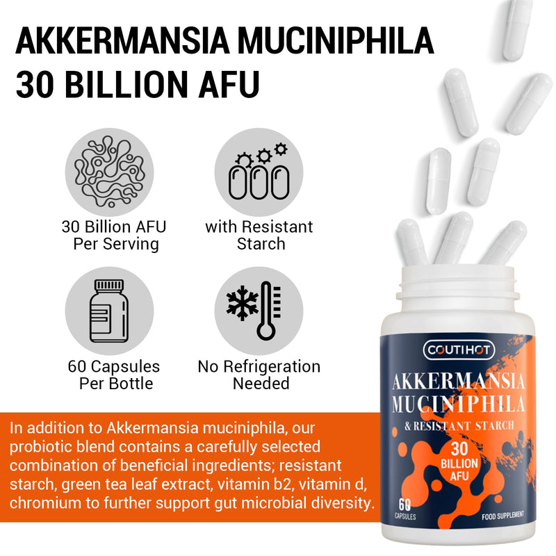 Akkermansia Muciniphila Probiotic 30 Billion AFU, Gut Health & Microbiome Support, Advanced Probiotic Supplement, 60 Capsules 60 count (Pack of 1)