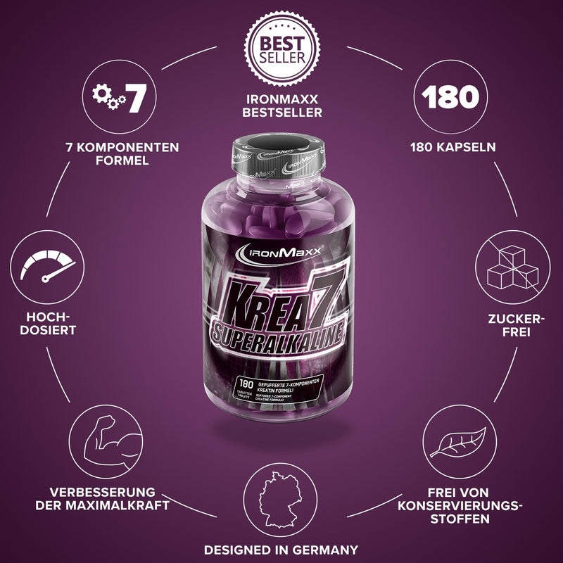 [Australia] - IronMaxx Krea7 Superalkaline Creatine Tablets - 180 pieces | High-dose 7-component formula | Vegan & sugar-free, neutral in taste, 180 pieces (pack of 1) 