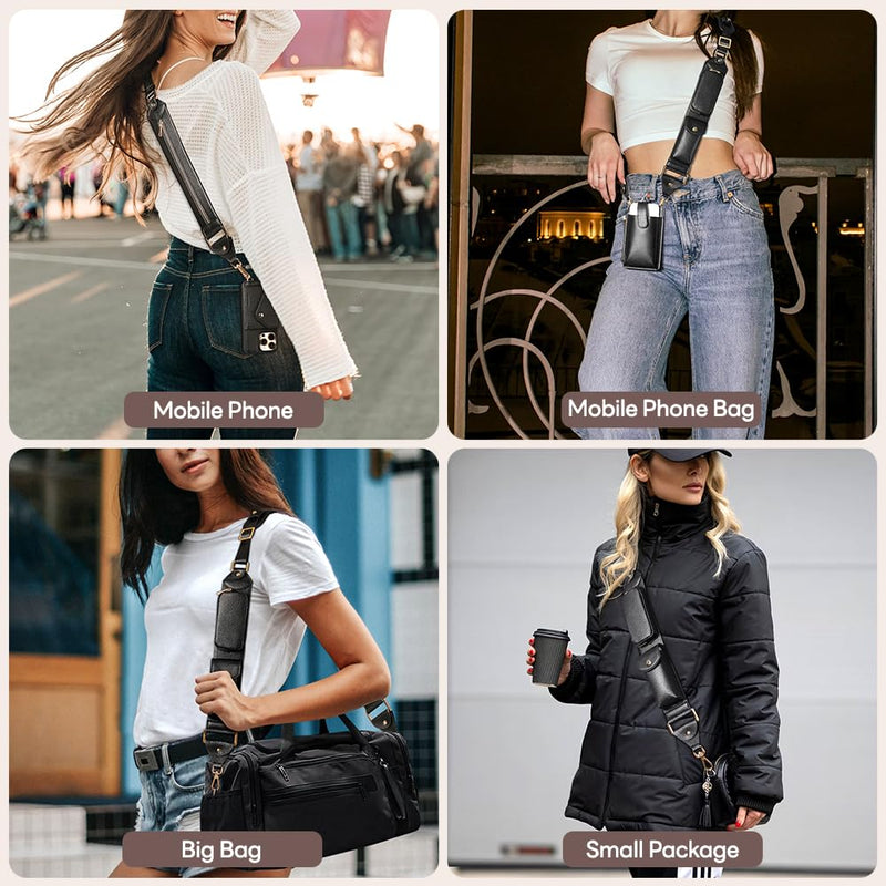 LUCKYCOIN Full Grain Leather Crossbody Strap, Adjustable 46"-55", Black | Pebble Genuine Leather Replacement Strap, 3 Pockets, 360° Swivel Hooks, Soft Shoulder Pad, for Crossbody Bags & Phone Cases