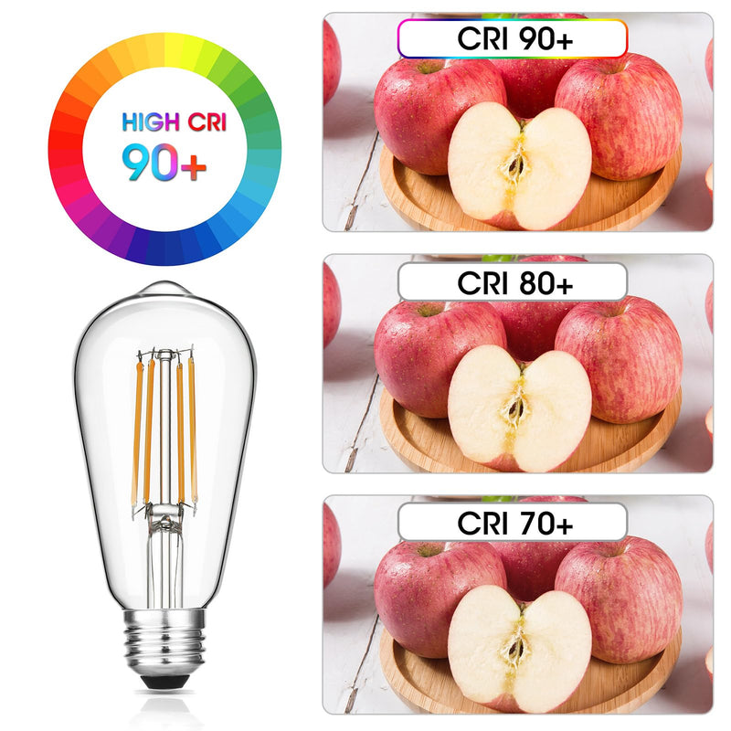 [Australia] - Vintage LED Edison Bulbs 6W, Equivalent 60W Incandescent, Warm White 2700K, ST58 Antique LED Filament Bulbs with 90+ CRI, E26 Medium Base,Dimmable, Clear Glass, Pack of 6 6 Count (Pack of 1) 