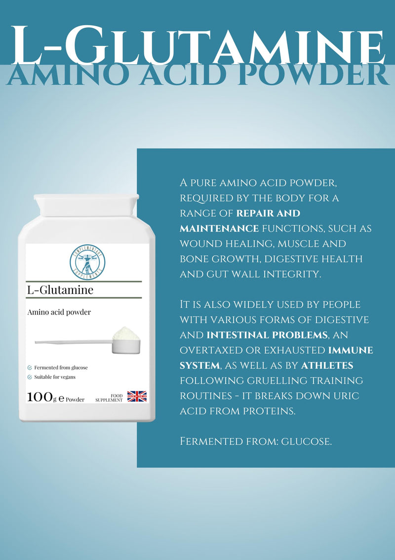 Pure L-Glutamine Amino Acid Powder - Unflavoured - Vegan - Free from Preservatives - Made in UK - 100g