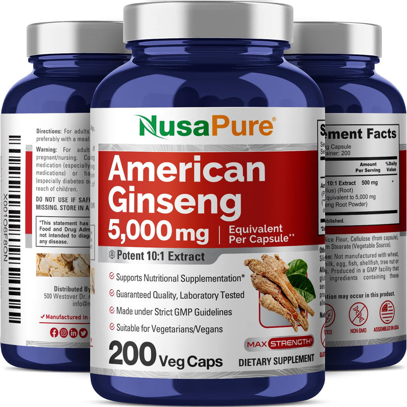 [Australia] - NusaPure American Ginseng 5000 mg - 200 Veggie Capsules (Vegetarian, Non-GMO, Vegan) 