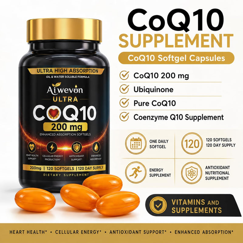 CoQ10 200mg Softgels, Coenzyme Q10 (Ubiquinone) Supplement, High Absorption Formula with Vitamin E, Antioxidant Support, Cellular Energy Support, Heart Wellness Supplement, 120 Softgels
