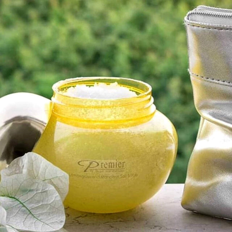 Premier Body Scrub - Lemongrass & Mandarine 10.5 Oz | for Dry Skin with Dead Sea Salt, Exfoliating Salt Scrub w/ Jojoba, Sweet Almond & Grape Seed Oils, Vitamin E