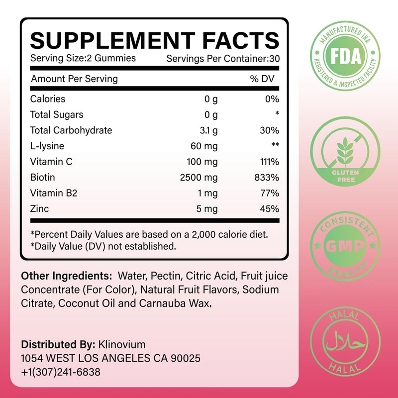 L-Lysine Gummies 1000 mg for Women per serving, 60mg Lysine Extract Supplement for Adults & Kids with Biotin, Multivitamins & Zinc - Cold Sore Supplement for Lip, Hair, Skin & Nail Health - 60 Count