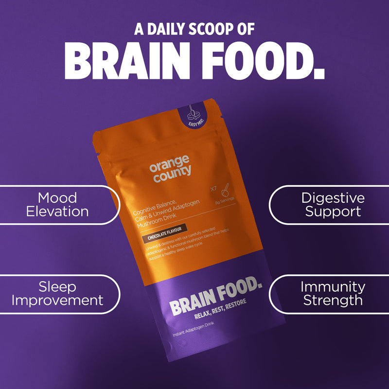 Orange County Mushroom Drink with Ashwagandha, Maitake, Shiitake, Reishi, Chamomile, Passionflower | Calm, Unwind, Sleep Adaptogen | Brain Food. | Chocolate Flavoured Powder