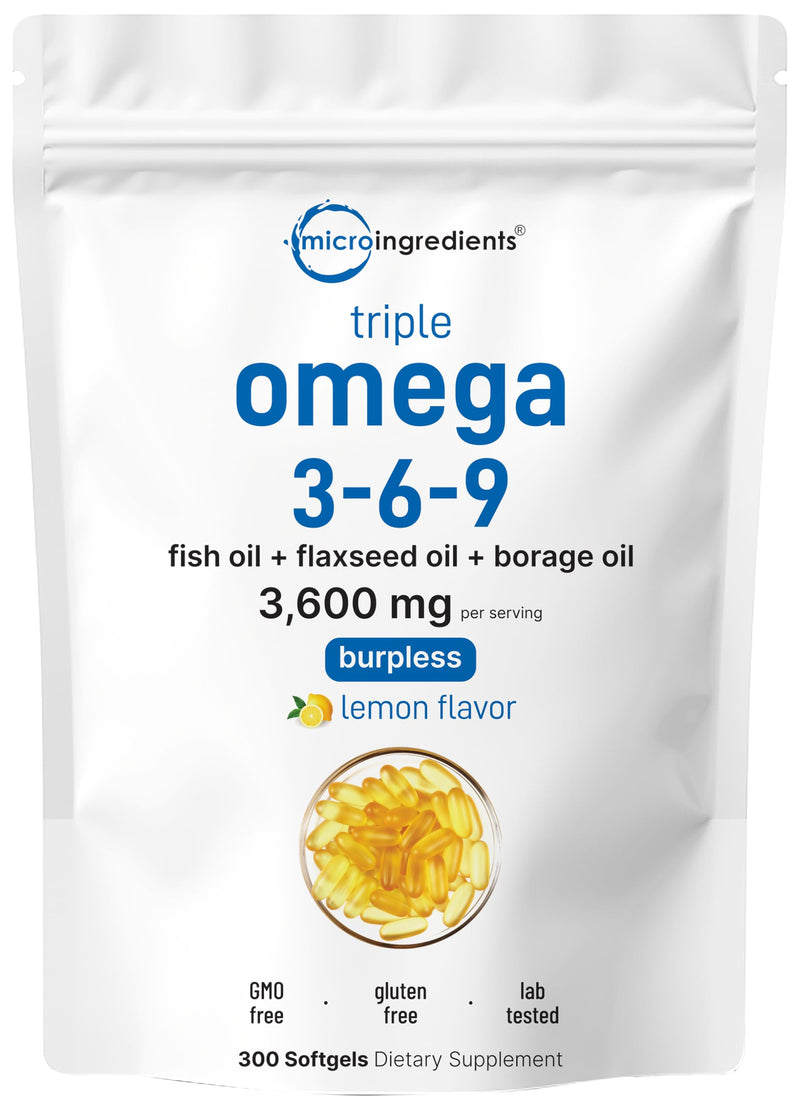 [Australia] - Ultra Omega 3-6-9 3600mg Per Serving, 300 Burpless Softgels | Lemon Flavor ‚Äì Blend of Fish, Flaxseed, Borage Oils | Bioavailable Source, Non-GMO, No Gluten, Mercury Free 